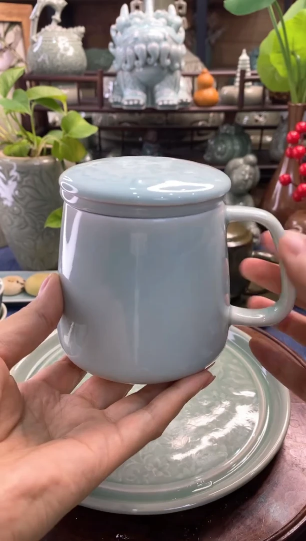 耀州窑 微瑕 天青牡丹素面茶漏杯【b000119】1只