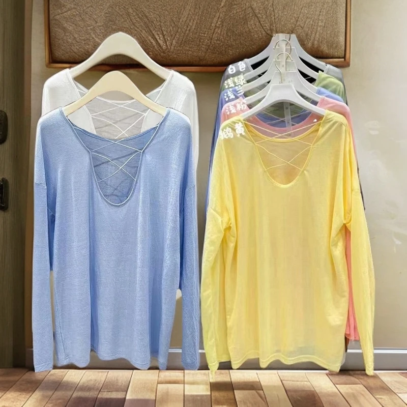 014# 夏日宽松慵懒风镂空后背防晒罩衫显瘦长袖t恤街舞外搭上衣女