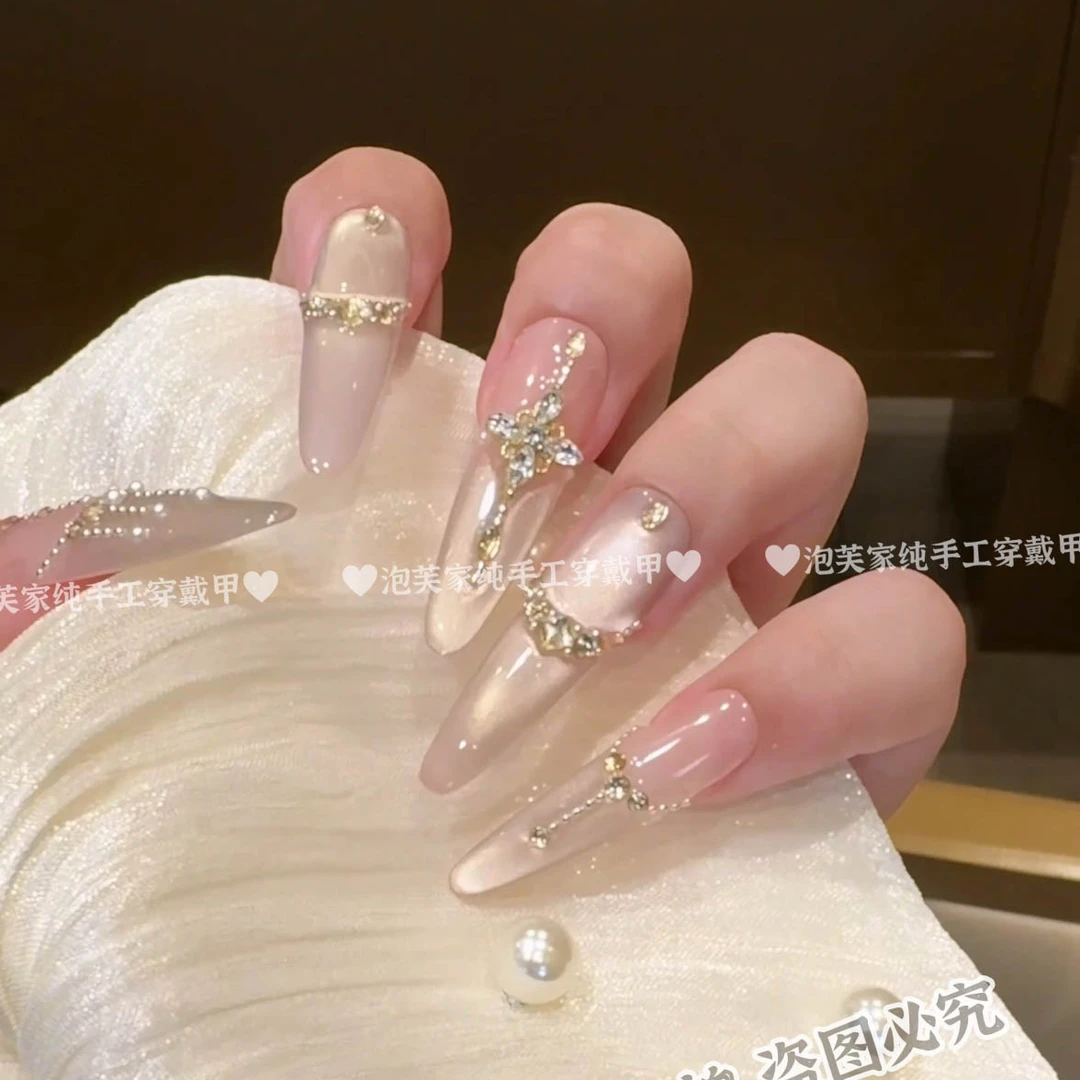 【香槟烛台】穿戴甲中长款法式气质纯手工穿戴甲猫眼显白美甲贴片