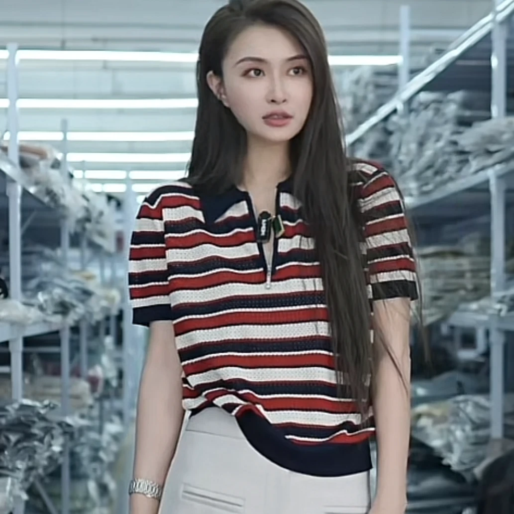 【思思精选】夏季百搭镂空提花翻领条纹气质时尚减龄针织衫A424#