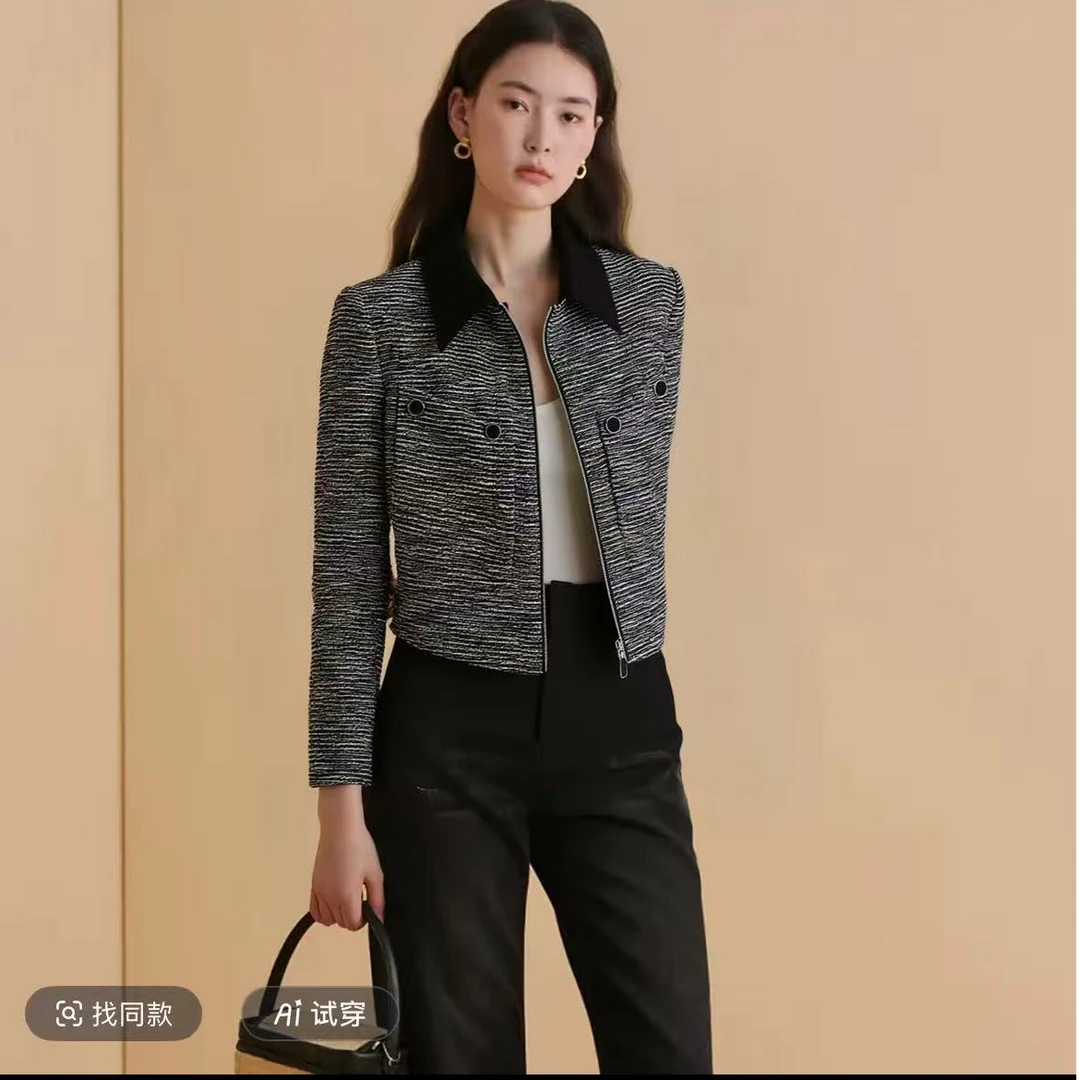S303 短款千鸟格秋冬修身短款格纹短外套