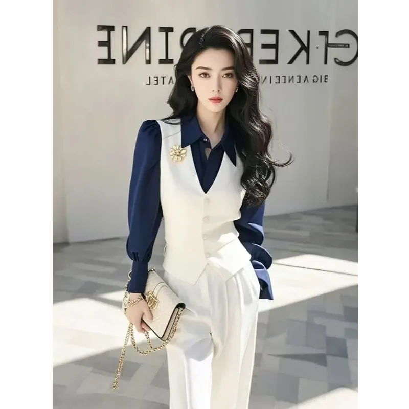 早春一整套小个子高级感御姐气质假两件衬衫裤子职业两件套装