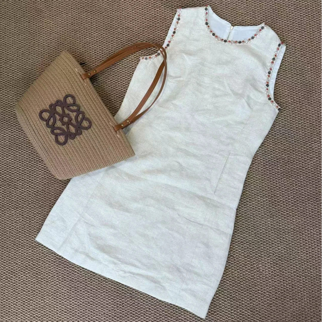 【将军工厂店】金丝亚麻夏季高级感彩色钉珠气质连衣裙