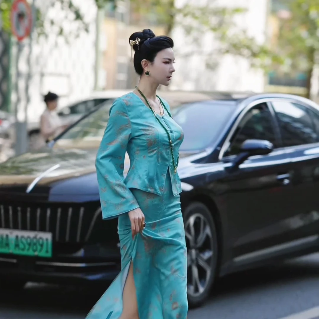 魏元高定/国风中式提花显瘦气质修身套装-0949