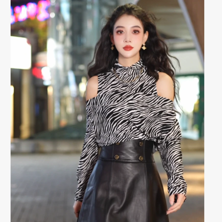 AMASS/阿玛施新款时尚潮流个性修身斑马条纹小众两件套长袖上衣