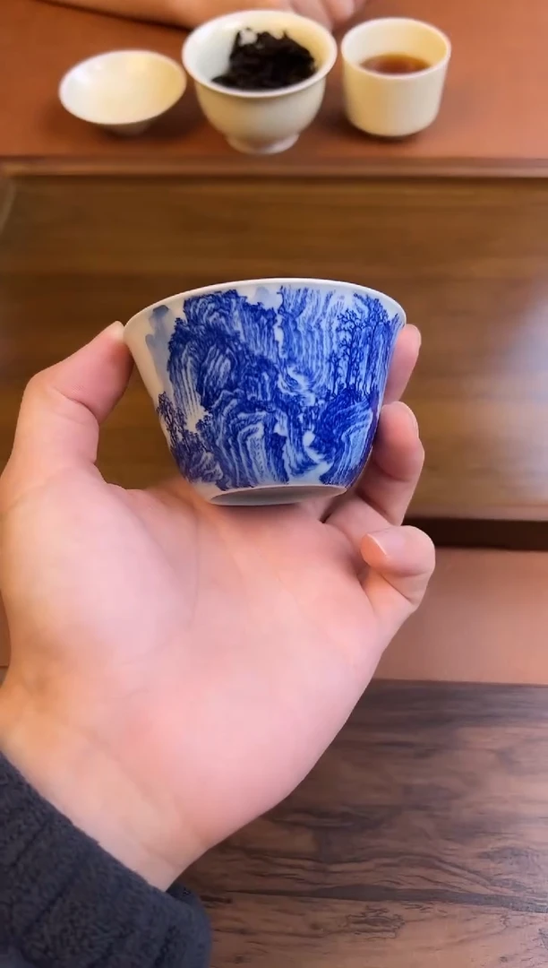 问青坊纯手工手绘青花山水柴窑缸杯