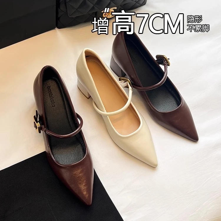 小个子内增高7CM法式玛丽珍鞋女夏2025新款高跟鞋一字带浅口单鞋