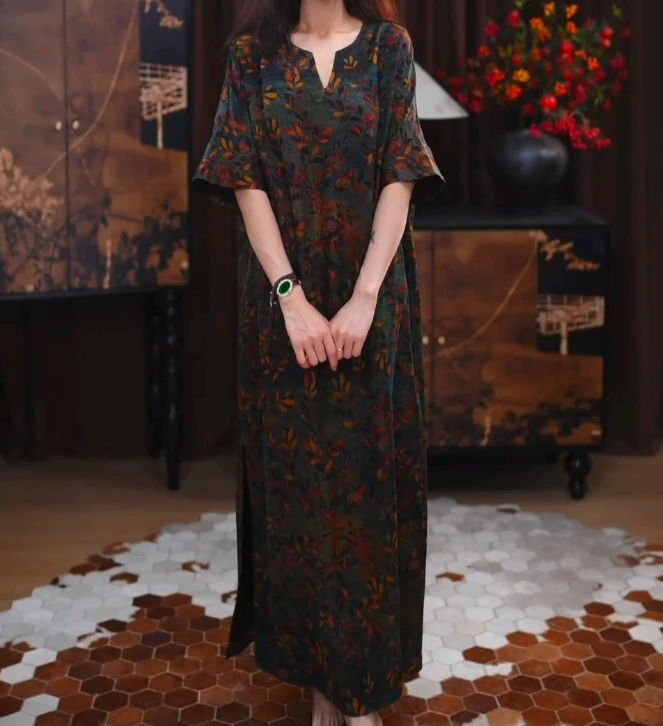 [希梦]香云纱长款宽松时尚春夏腔调中式印花百搭长裙连衣裙宽松