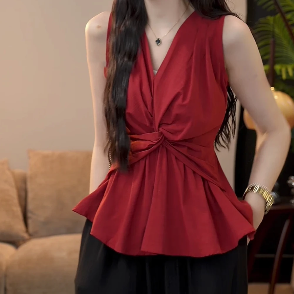 【山月小记】时尚法式休闲设计感扭结V领衬衫女