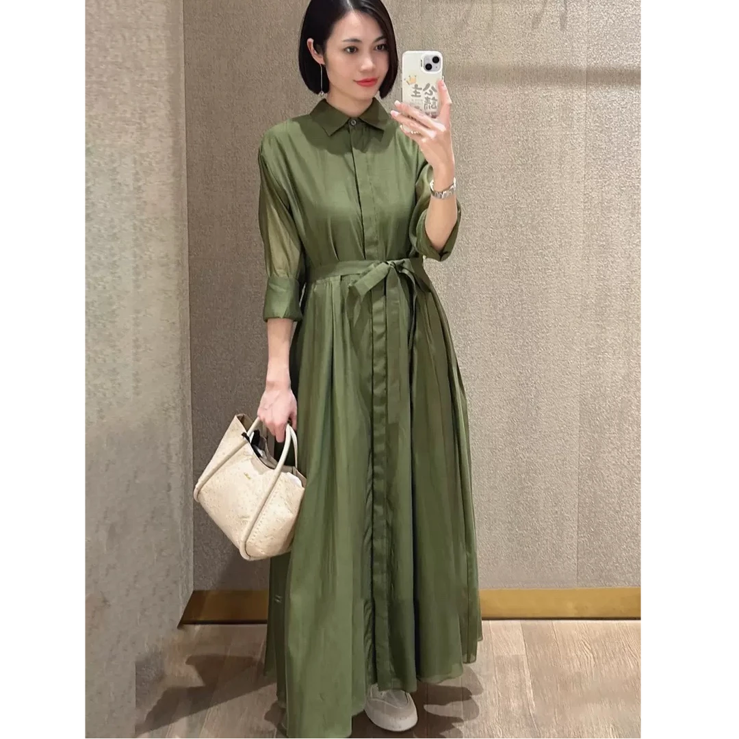 未使用 MaxMara 国现 绿色系翻领通勤中长款连衣裙 CQ0037