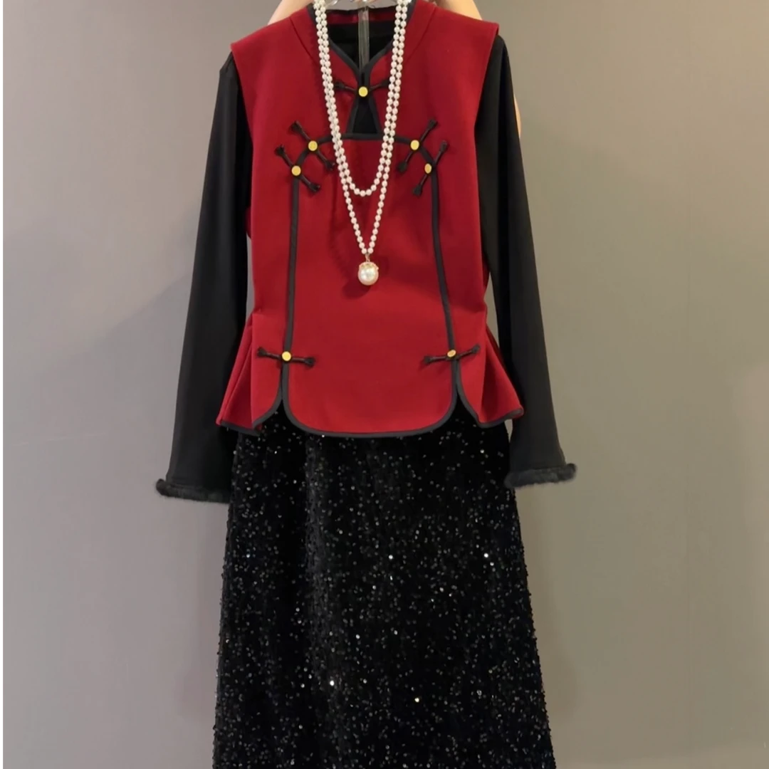 大码2025洋气欧货复古轻奢胖mm内搭国风马甲亮片半裙三件套装