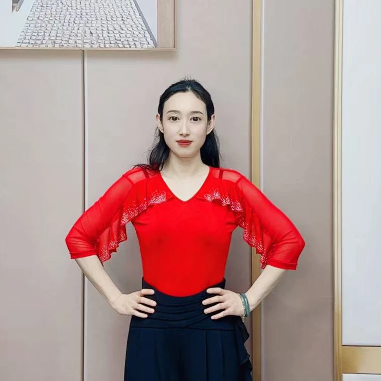 欢舞阁摩登舞吉特巴时尚女士v领交际广场舞烫钻荷叶边舞衣A0722