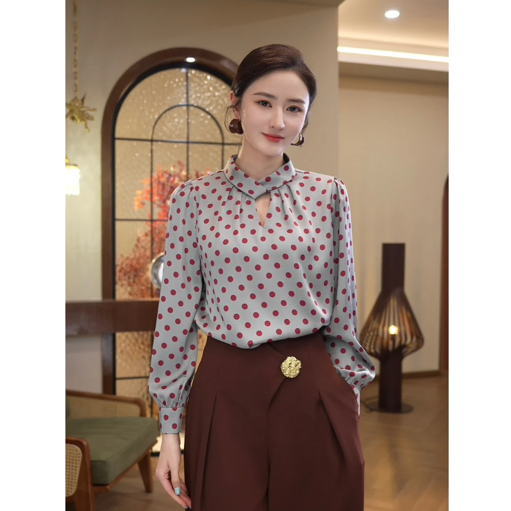唐熹2025春秋季新款【6887】高级感长袖缎面波点衬衫蓝色通勤上衣女