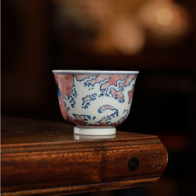 勤义堂青花釉里红海水暗刻双龙纹大铃铛杯复古名窑陶瓷手工茶杯