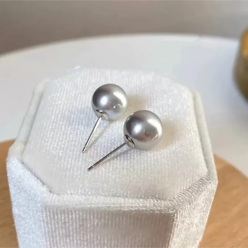 925银仿珍珠耳饰 10mm施华洛大溪地色灰珠耳钉纯银耳针9998