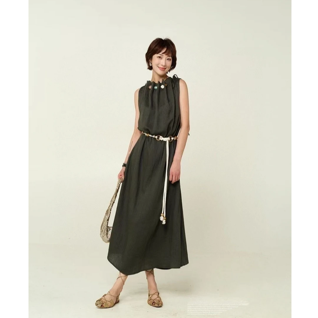 复古感唯美高级直角肩宽松彩珠慵懒棉麻感连衣裙