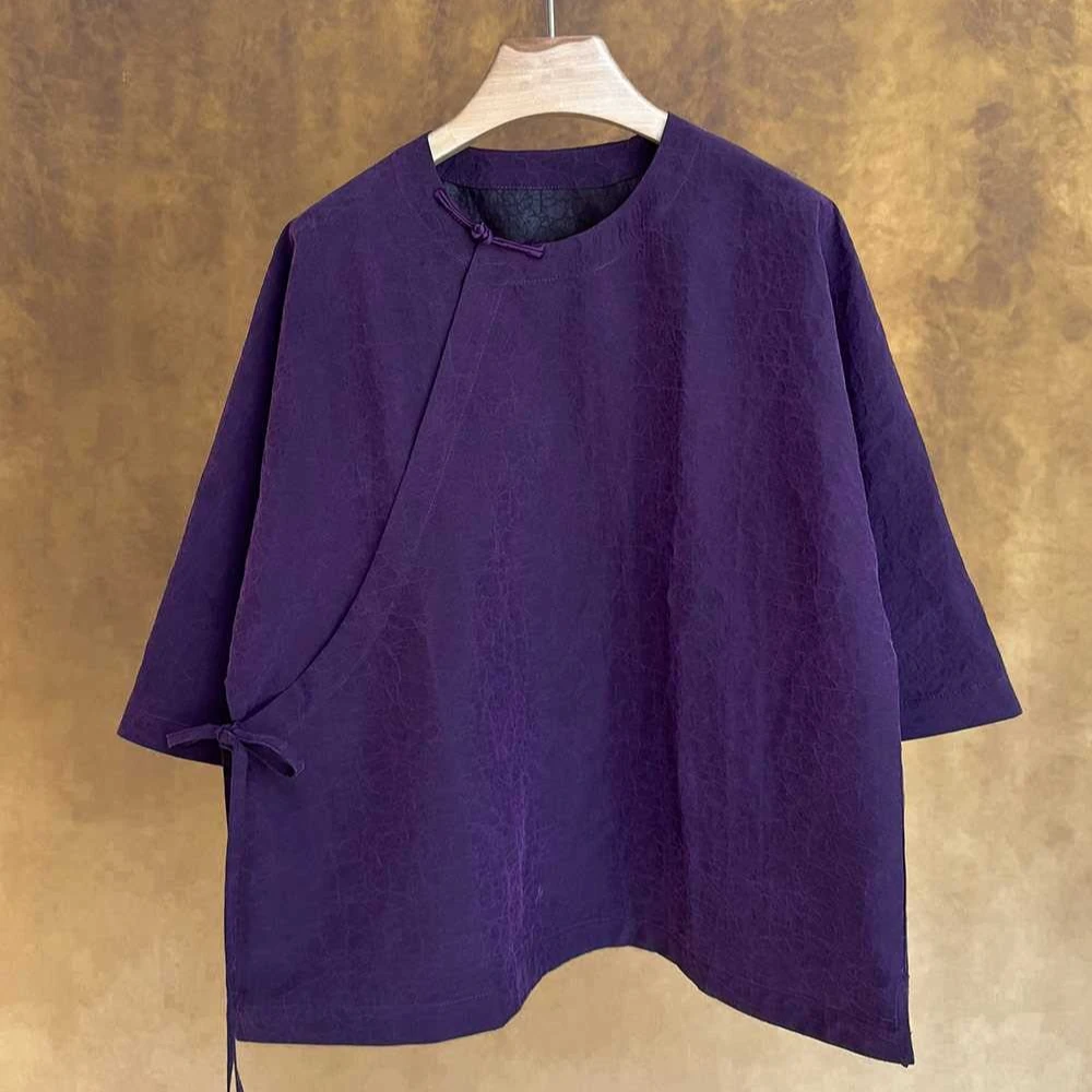 【十三郎】2025新中式短款斜襟系带纯色香云纱小衫20326