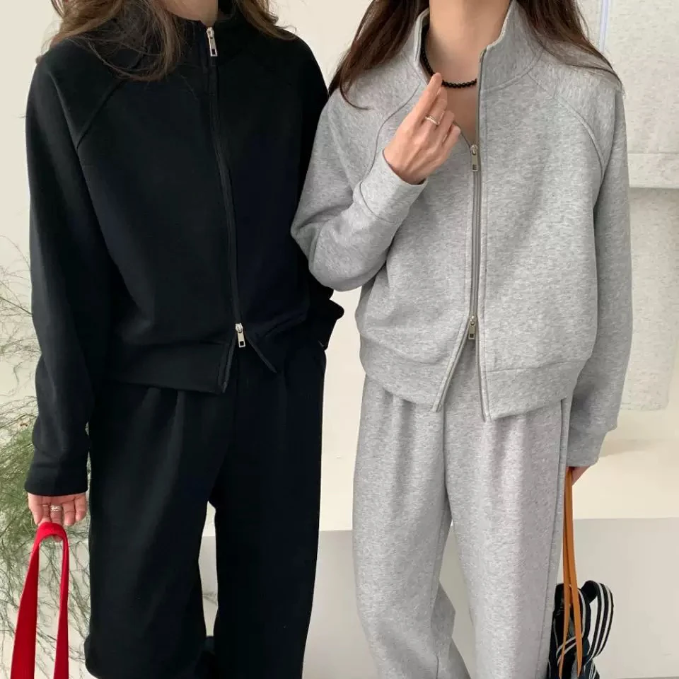 运动套装女2025开春显瘦黑色休闲运动套装开衫卫衣立领外套