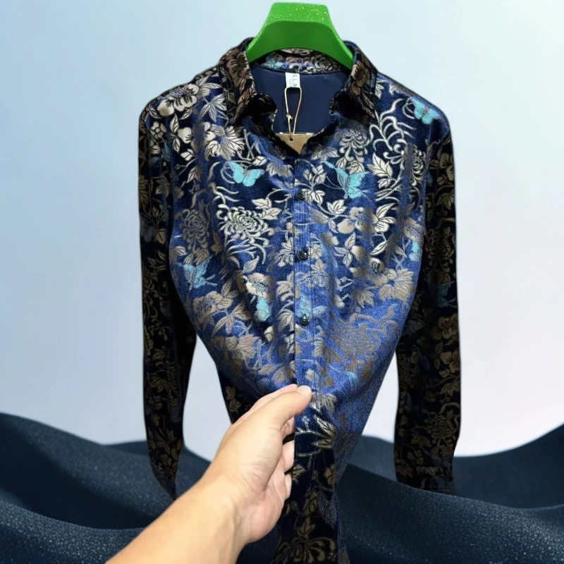 新款男士金丝绒纽扣长袖秋季商务休闲翻领修身宽松衬衫休闲百搭