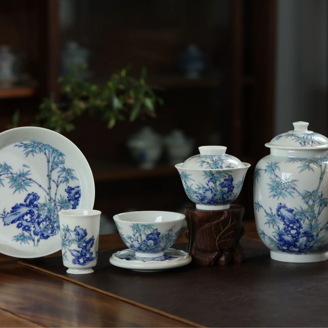 景德镇陶瓷手绘斗彩竹石茶器中式大容量高档茶杯茶具