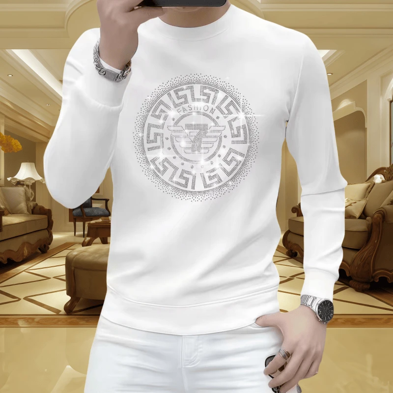 男士时尚休闲百搭圆领秋冬长袖修身烫钻卫衣潮流套头帅气打底衫潮