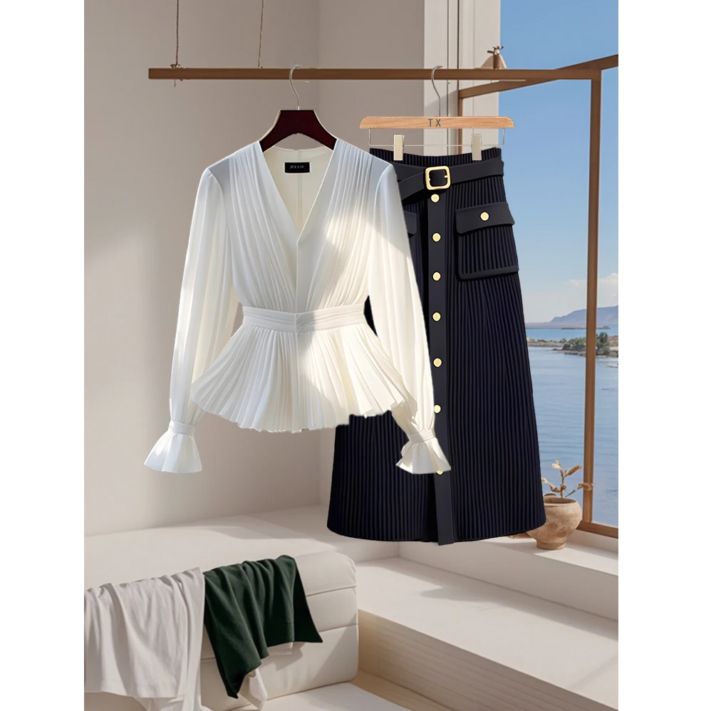 黑色半身裙女2025春秋新款a字裙设计感百搭独特超好看衬衫两件套