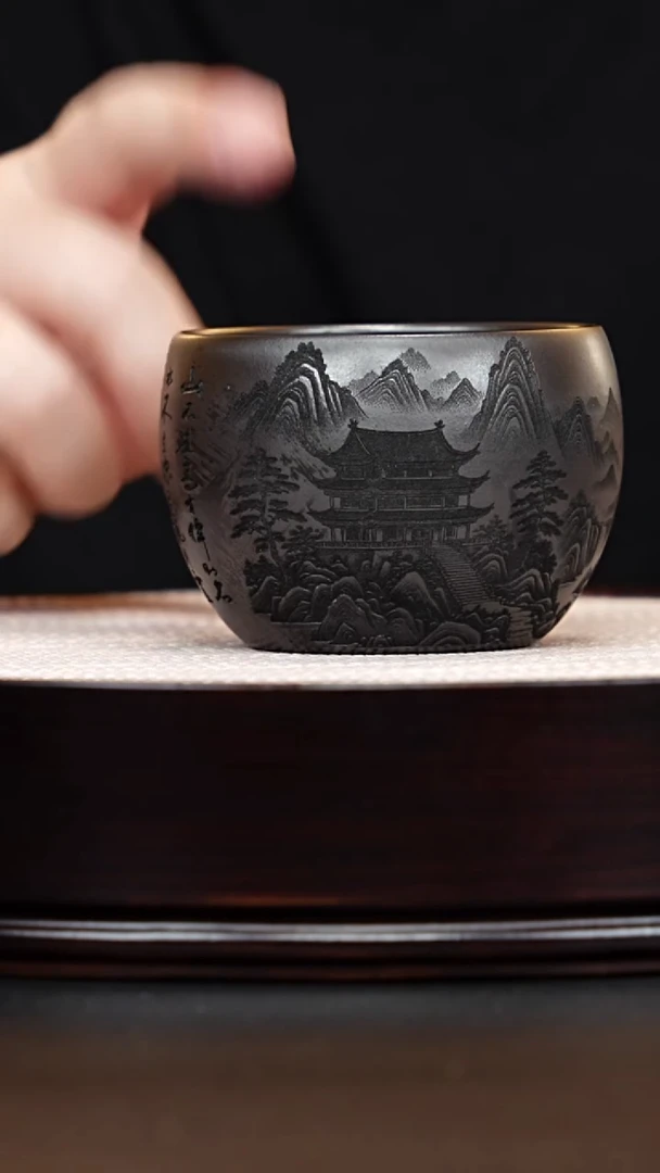 茶壶紫砂宜兴紫砂 百福缸杯 刻绘陋室铭 石黄27