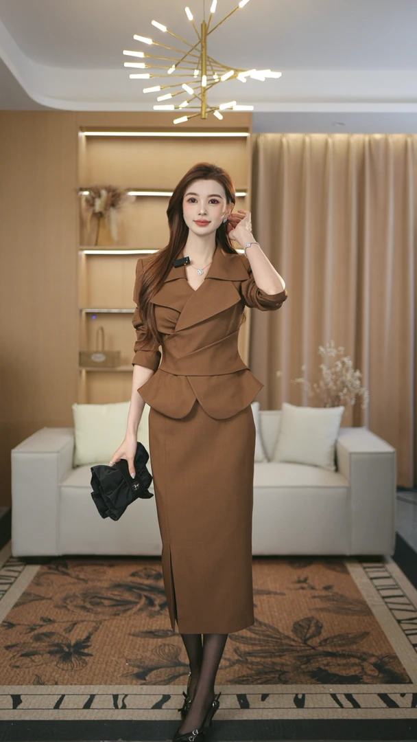罗曼定制 高定原创棕色西装双层领收腰上衣女新款+包臀裙时尚秋