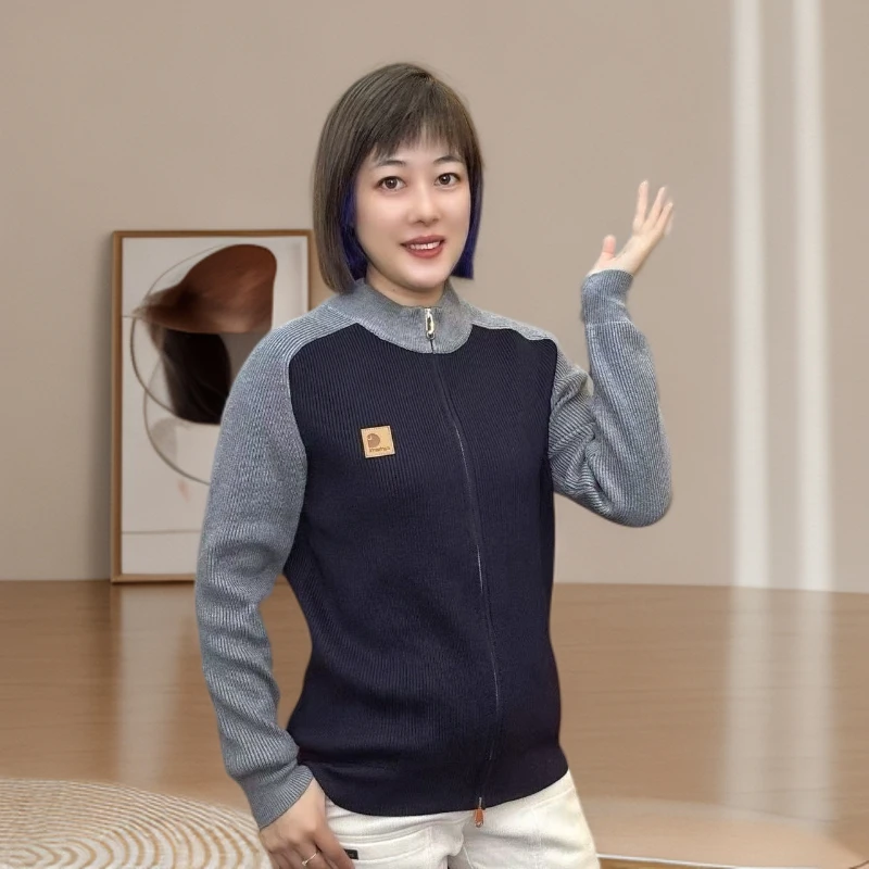 2025年 秋季男士时尚休闲潮流开衫拼色立领拉链款长袖针织衫