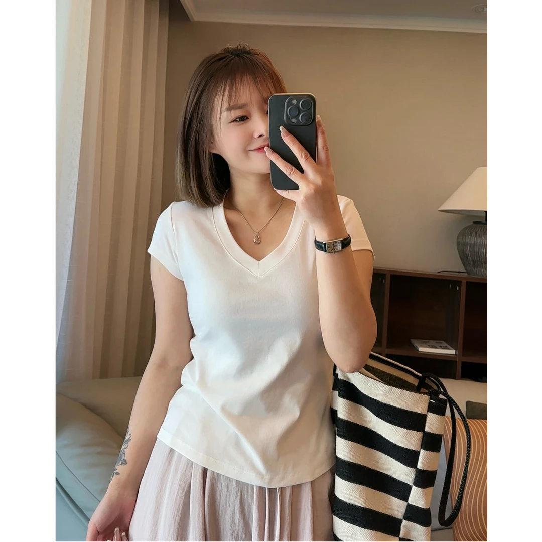 【桃心领】V领夏季T恤高克重弹力棉不易变形短袖常规V领夏季T恤