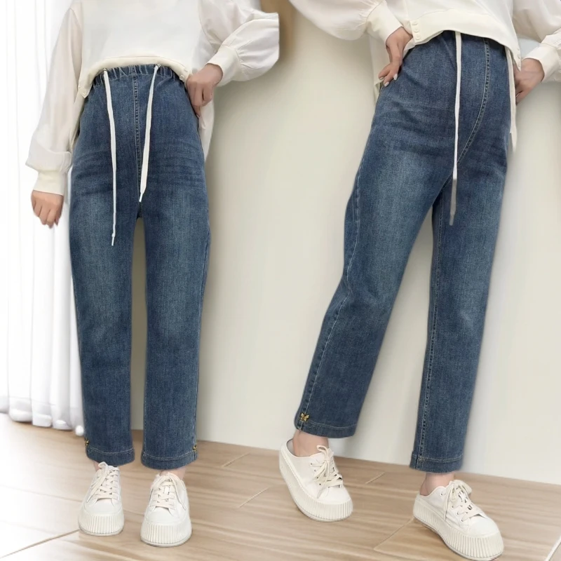 孕妇牛仔裤春秋时尚外穿抽绳九分直筒裤打底小个子显瘦显高烟管裤