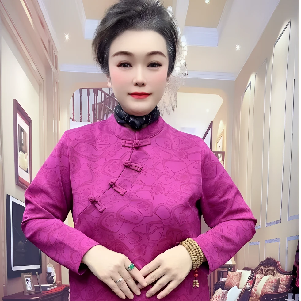 中老年时尚洋气斜肩新中式国风复古高端气质优雅网红中长款上衣