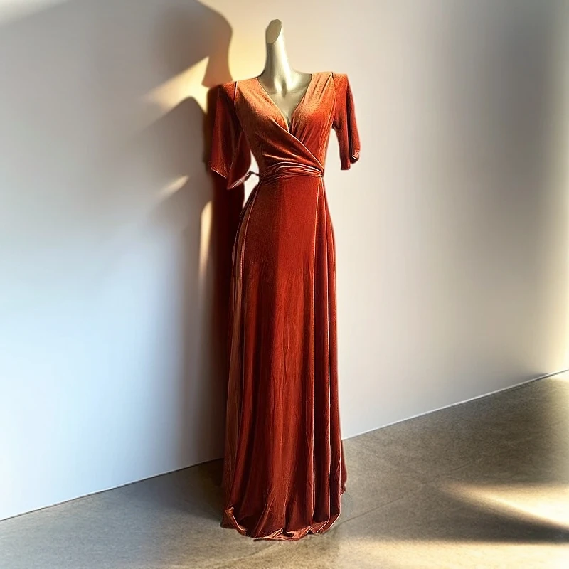 【旺角名品A0025】绑带收腰橘色长款气质金丝绒修身裙子