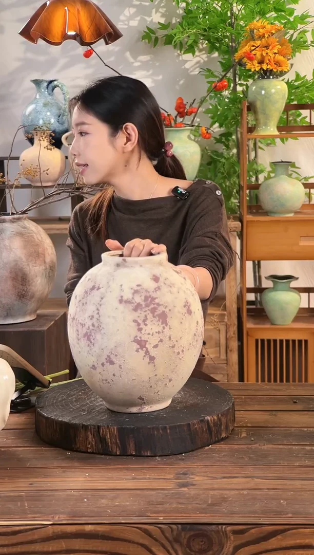 【斑点红月亮罐】侘寂风斑驳陶罐水培陶瓷花瓶【口10直径24高24.5cm】