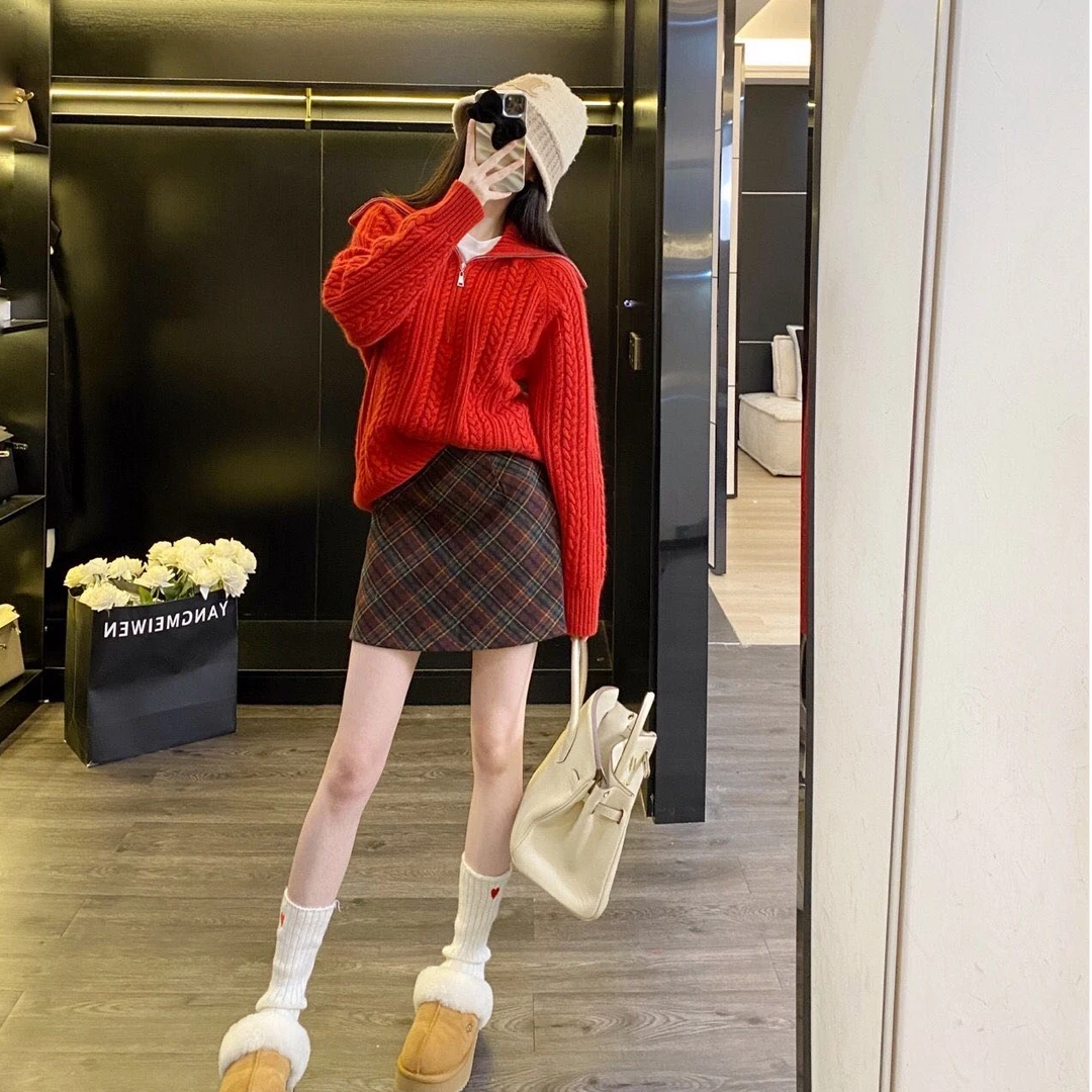 红色针织衫上衣气质显瘦设计感洋气休闲百搭外穿辣妹半身裙套装女