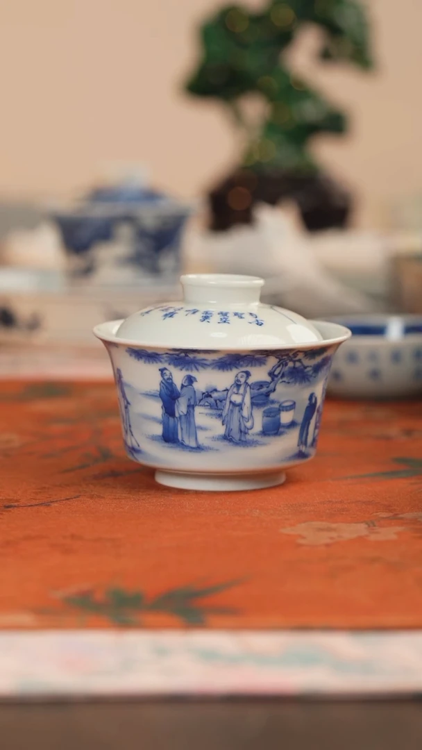 天心雅器竹林七贤马蹄盖碗