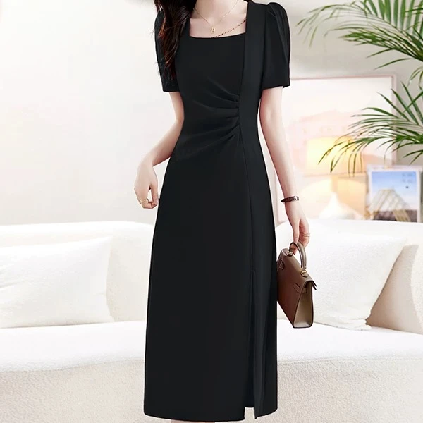 二哥二嫂【方领短袖裙】莫奈花园风夏季修身显瘦方领开叉连衣裙