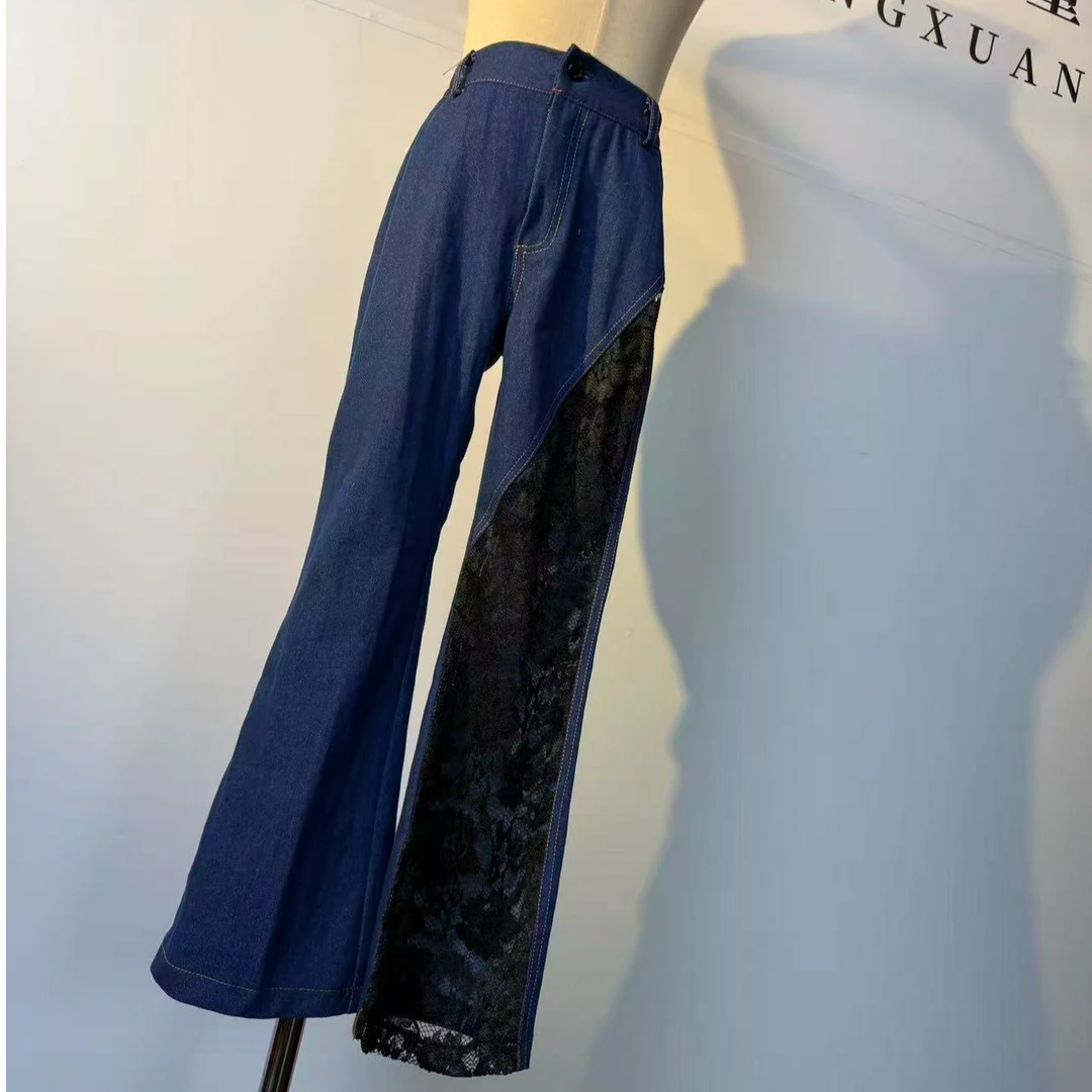 现货 牛仔拼蕾丝喇叭裤设计感长裤儿童礼服艺桐轩儿童潮服