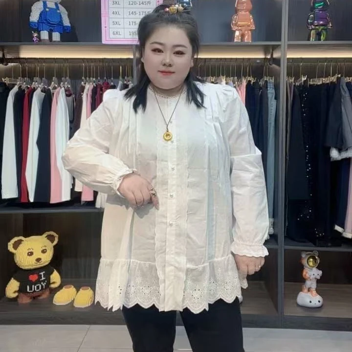 （琳琳家）蕾丝镂空底摆压褶肩长袖衬衫胖妹妹秋冬款遮肚子百搭上衣