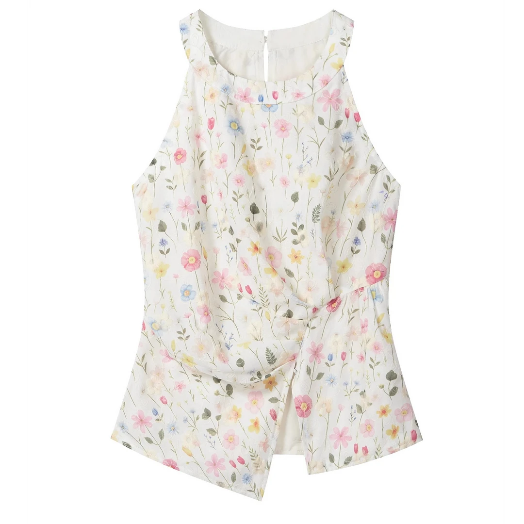 羊城故事-甜美花卉印花挂脖背心女修身减龄无袖上衣Y50651164