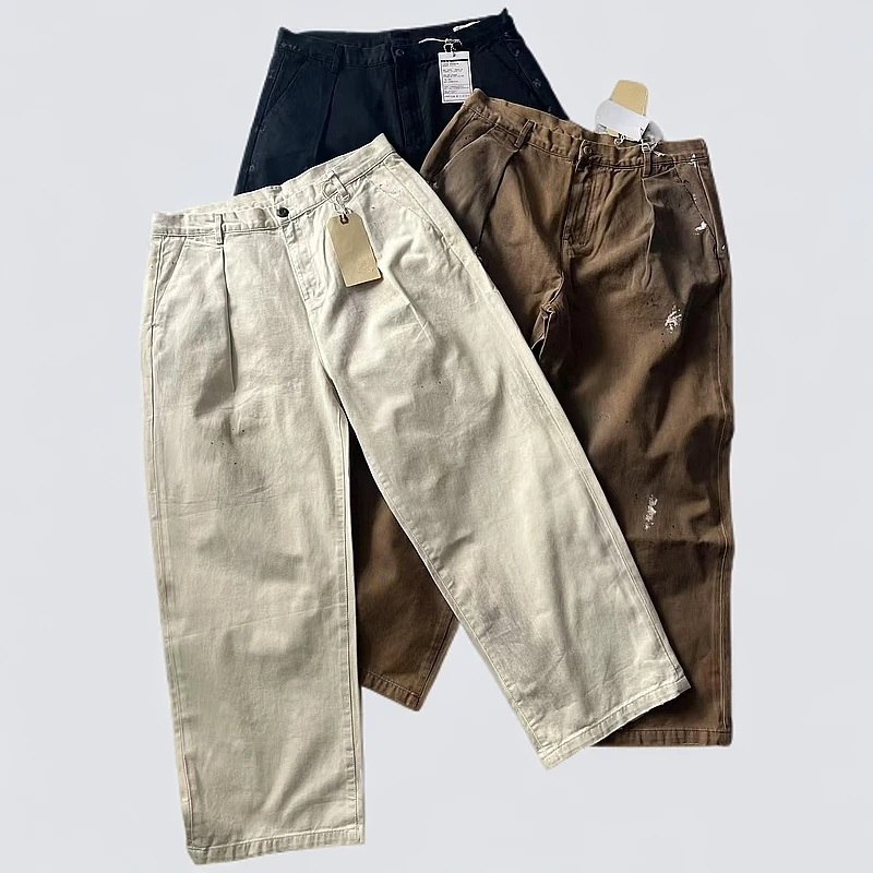 挺括有型~重磅水洗做旧复古夏季长裤宽松脏脏直筒日潮裤子百搭裤