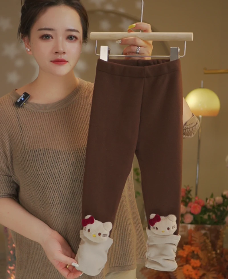 2025新款秋冬款女童卡通小猫棕色加绒打底裤