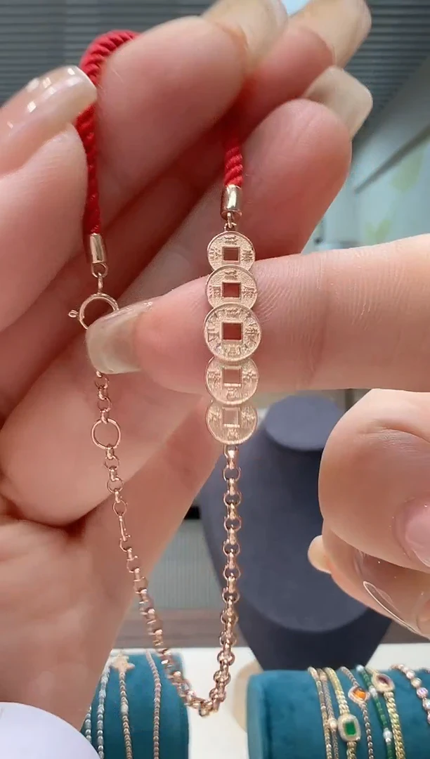 【闪购商品】钻石手链18K金镶嵌镶钻铜钱红绳手链K红