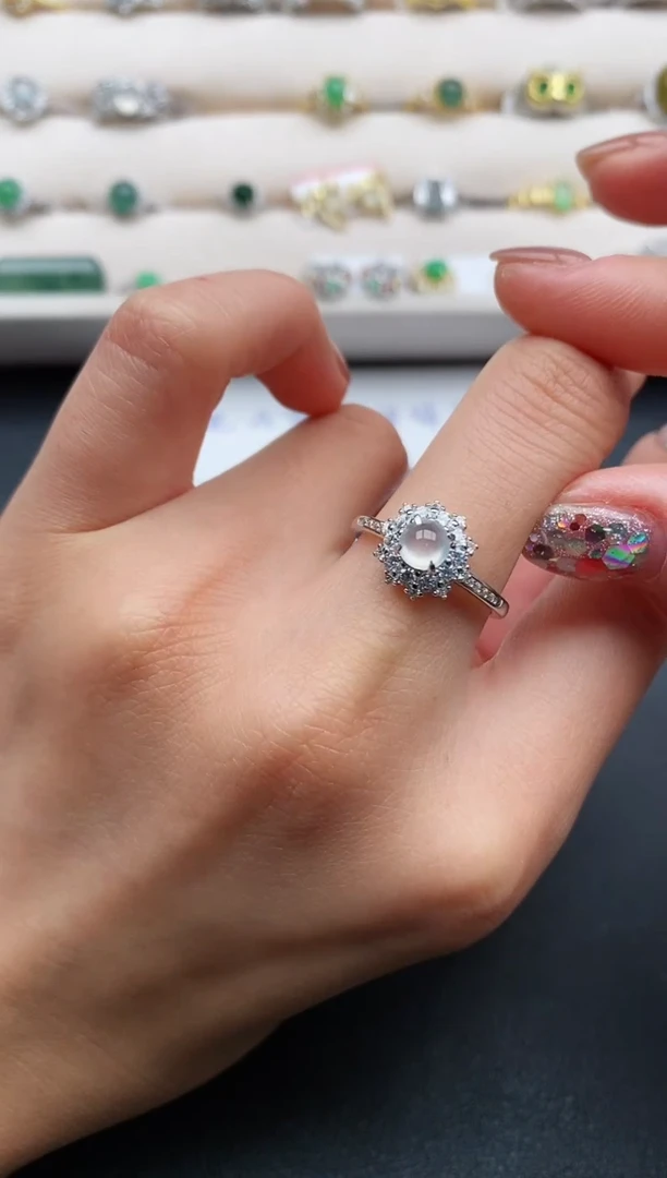 银S925镶嵌戒指翡翠缅甸天然A货翡翠222   4-10