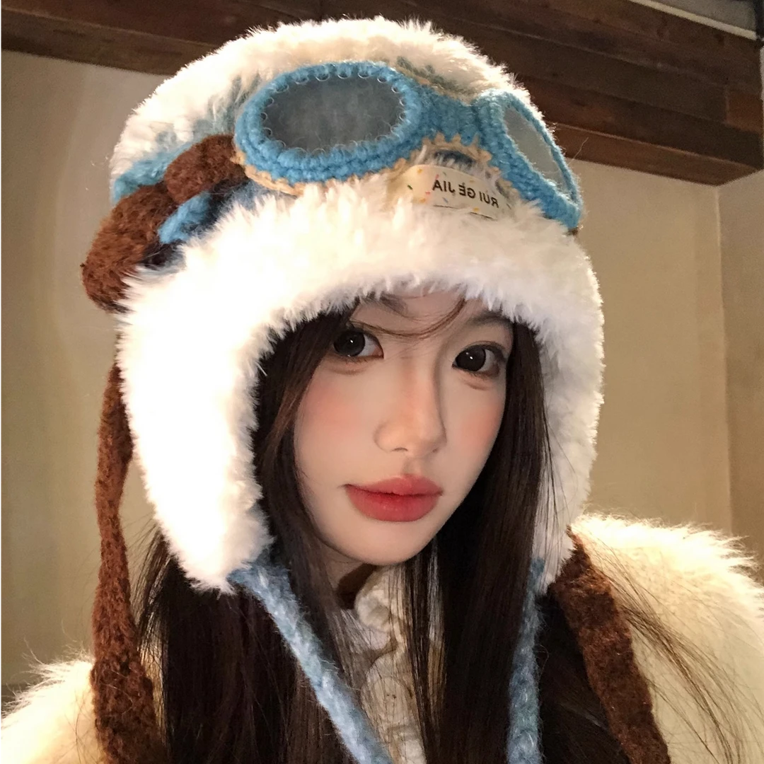 檀健次同款眼镜飞行帽子女冬季护耳毛绒帽保暖防寒针织毛线雷锋帽