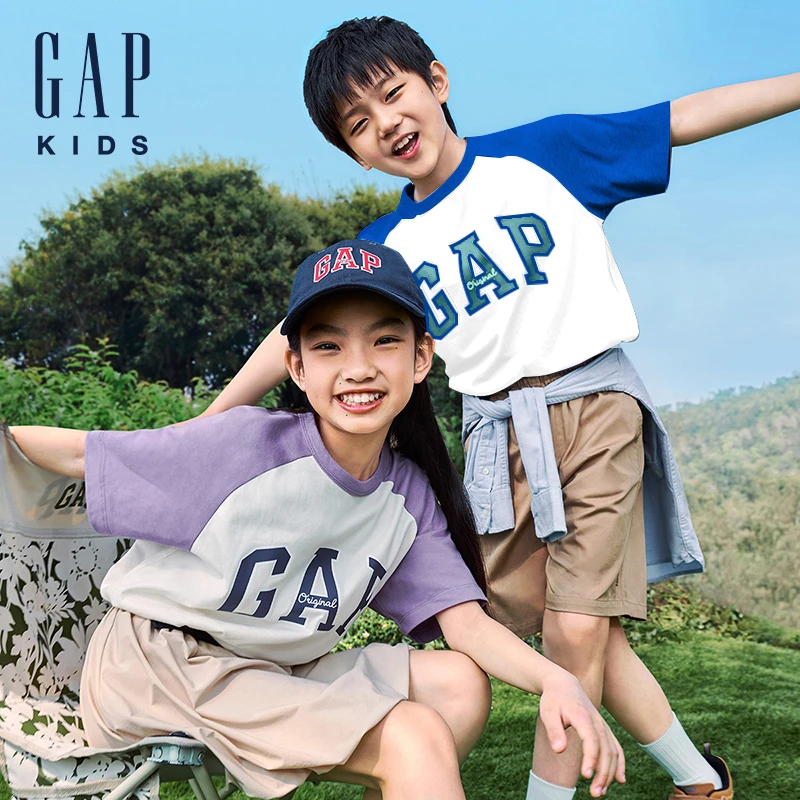 Gap男女童2025春季新款logo棉短袖T恤儿童装休闲运动撞色838371