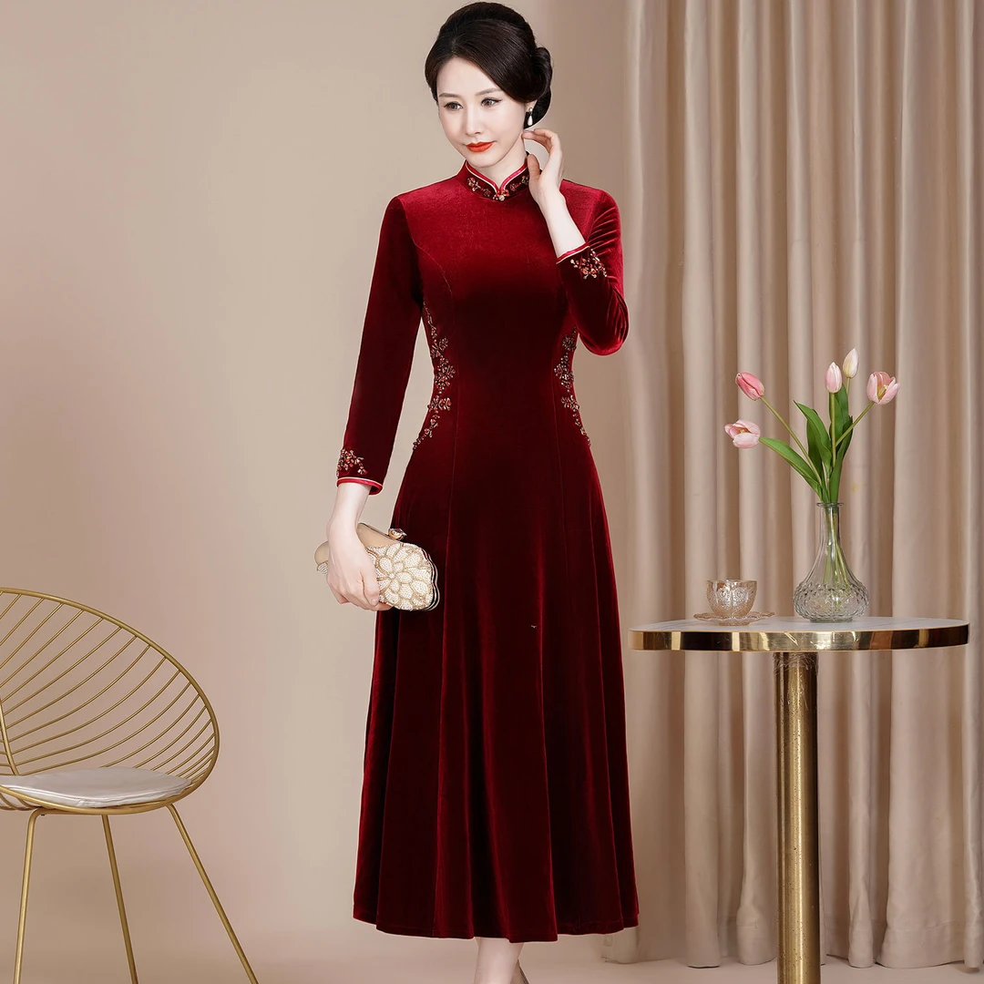 高档喜婆婆喜妈妈婚宴礼服金丝绒长款改良旗袍宴会连衣裙秋大摆裙