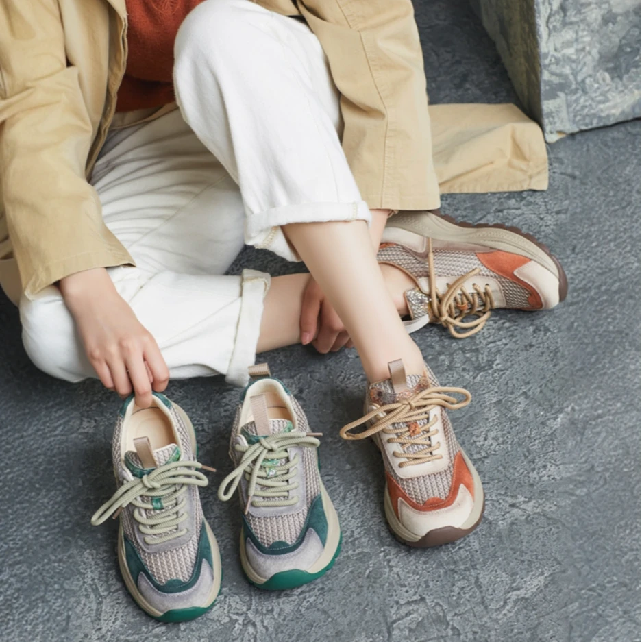 春季新款多巴胺真皮圆头阿甘鞋撞色单鞋女休闲鞋轻便舒适女鞋透气