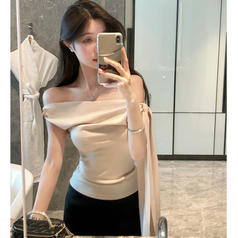 【温柔邂逅】2025新款夏装纯欲一字肩左飘带上衣女配高腰显瘦半身裙
