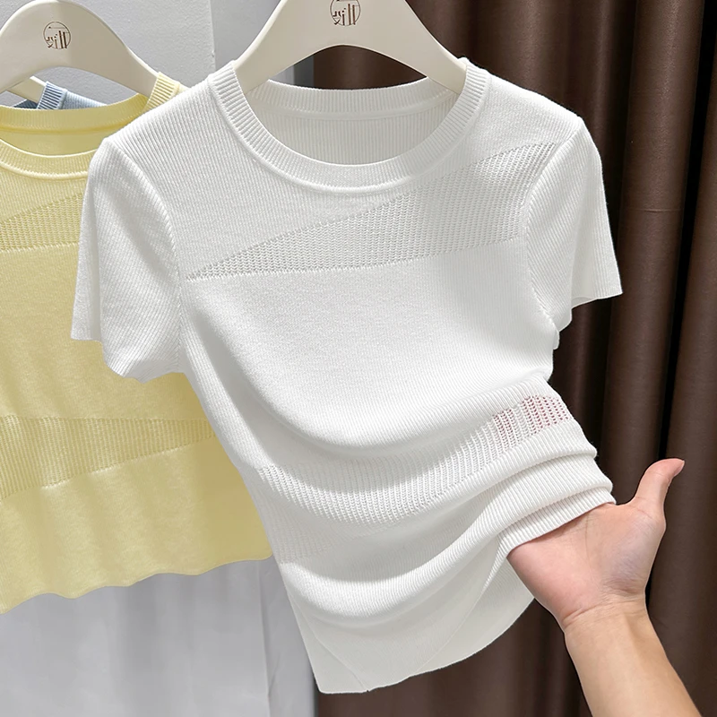 设计感镂空拼接圆领针织短袖体恤女薄款冰丝简约通勤白色正肩上衣